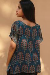 Modal Silk Top | Blue Booti with Madder Stripes Ajrakh