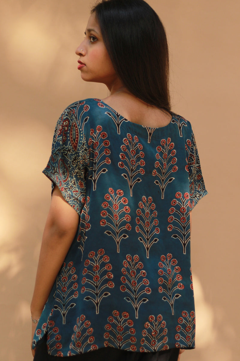 Modal Silk Top | Blue Booti with Madder Stripes Ajrakh