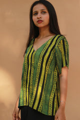 Modal Silk Top | Lime Stripes Ajrakh