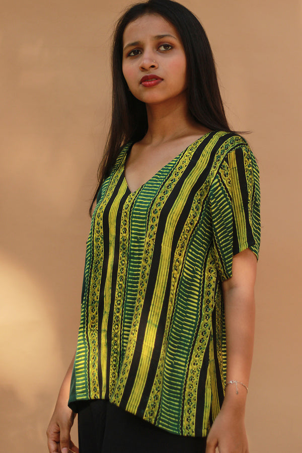 Modal Silk Top | Lime Stripes Ajrakh