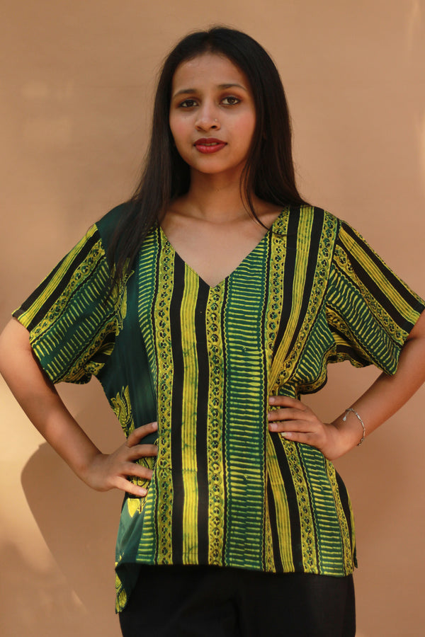 Modal Silk Top | Lime Stripes Ajrakh