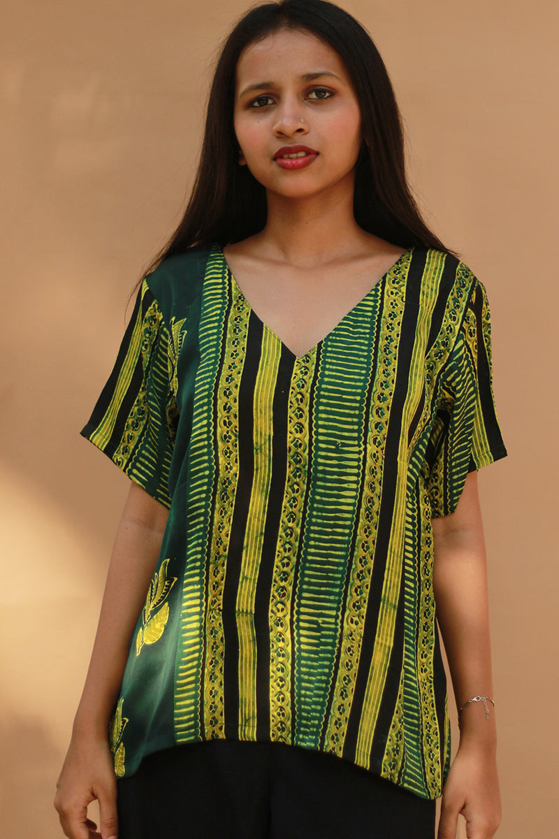 Modal Silk Top | Lime Stripes Ajrakh
