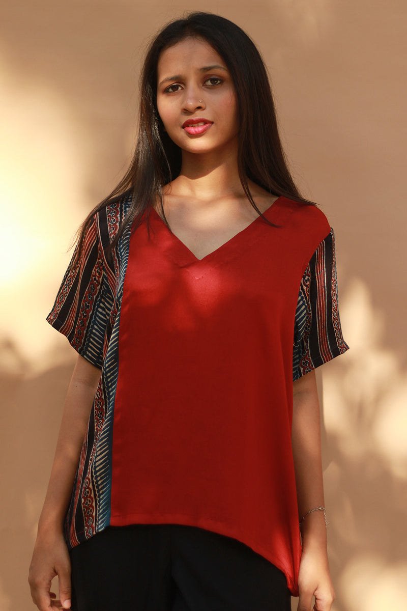 Modal Silk Top | Scarlet with Noir Stripes Ajrakh