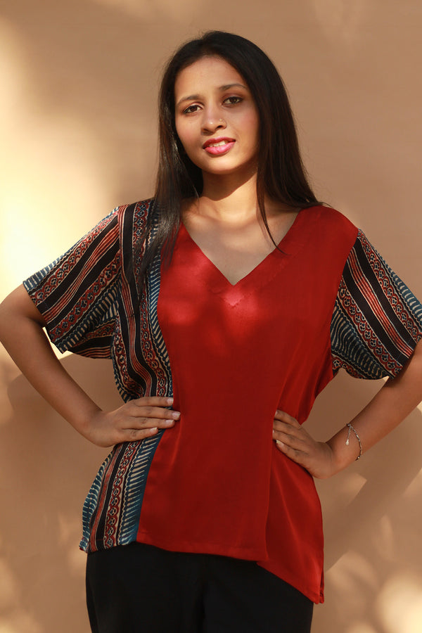 Modal Silk Top | Scarlet with Noir Stripes Ajrakh