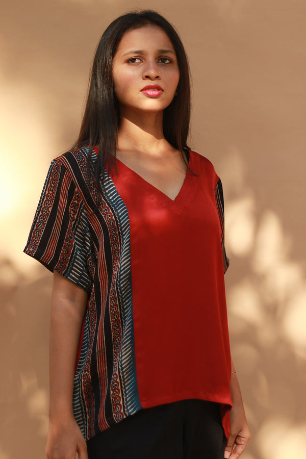 Modal Silk Top | Scarlet with Noir Stripes Ajrakh