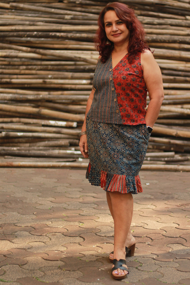 Bhoomi | Sleeveless Crossover Top | Indigo Stripes with Madder Circles Ajrakh
