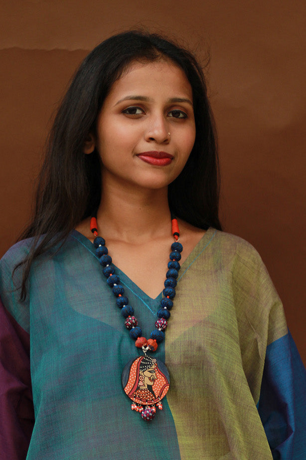 Rangili | Chindi beads necklace | Blue Handpainted Pendant