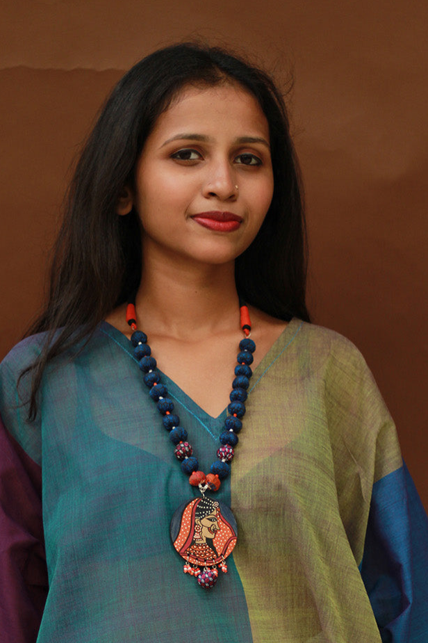 Rangili | Chindi beads necklace | Blue Handpainted Pendant