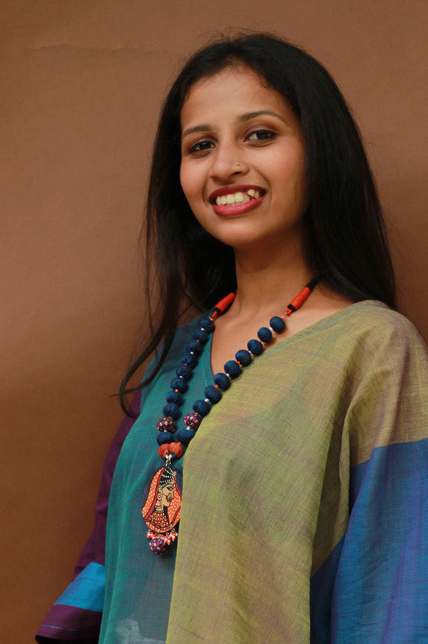 Rangili | Chindi beads necklace | Blue Handpainted Pendant
