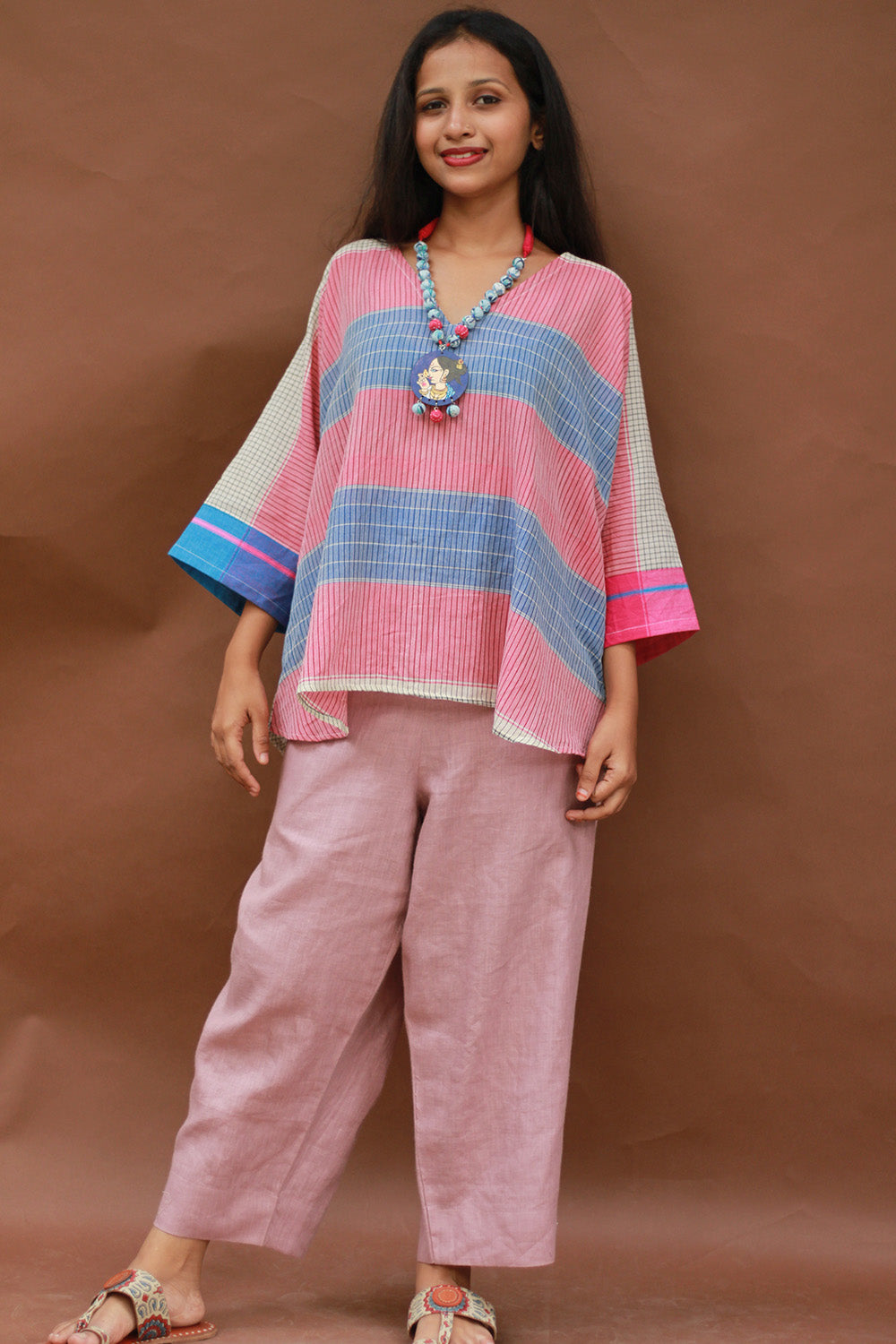 Taral | Anti Fit Cotton Top | Patteda Anchu | Ivory with Fuschia & Lavender