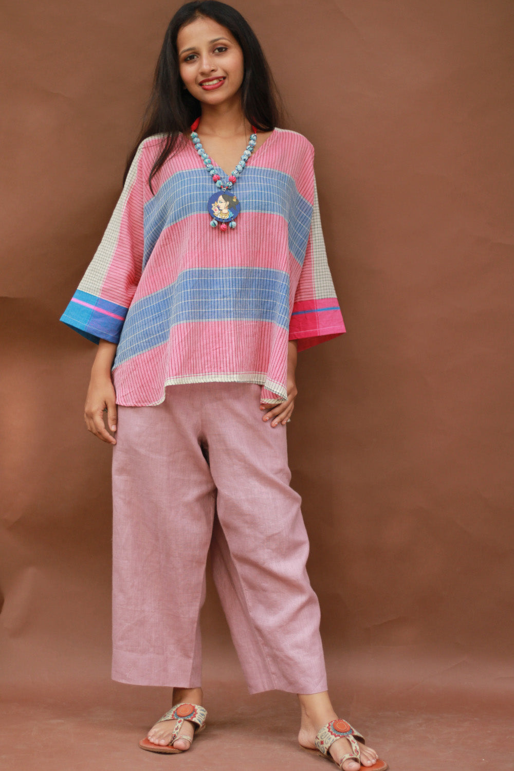Taral | Anti Fit Cotton Top | Patteda Anchu | Ivory with Fuschia & Lavender