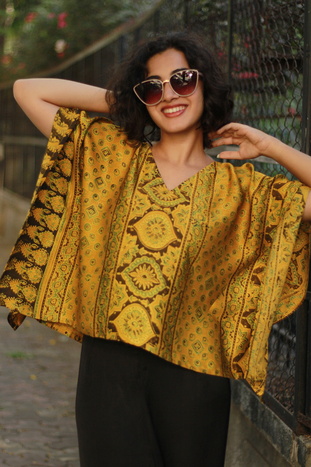 Taarini Mini | Modal Silk Kaftan Top | Mustard Floral Ajrakh