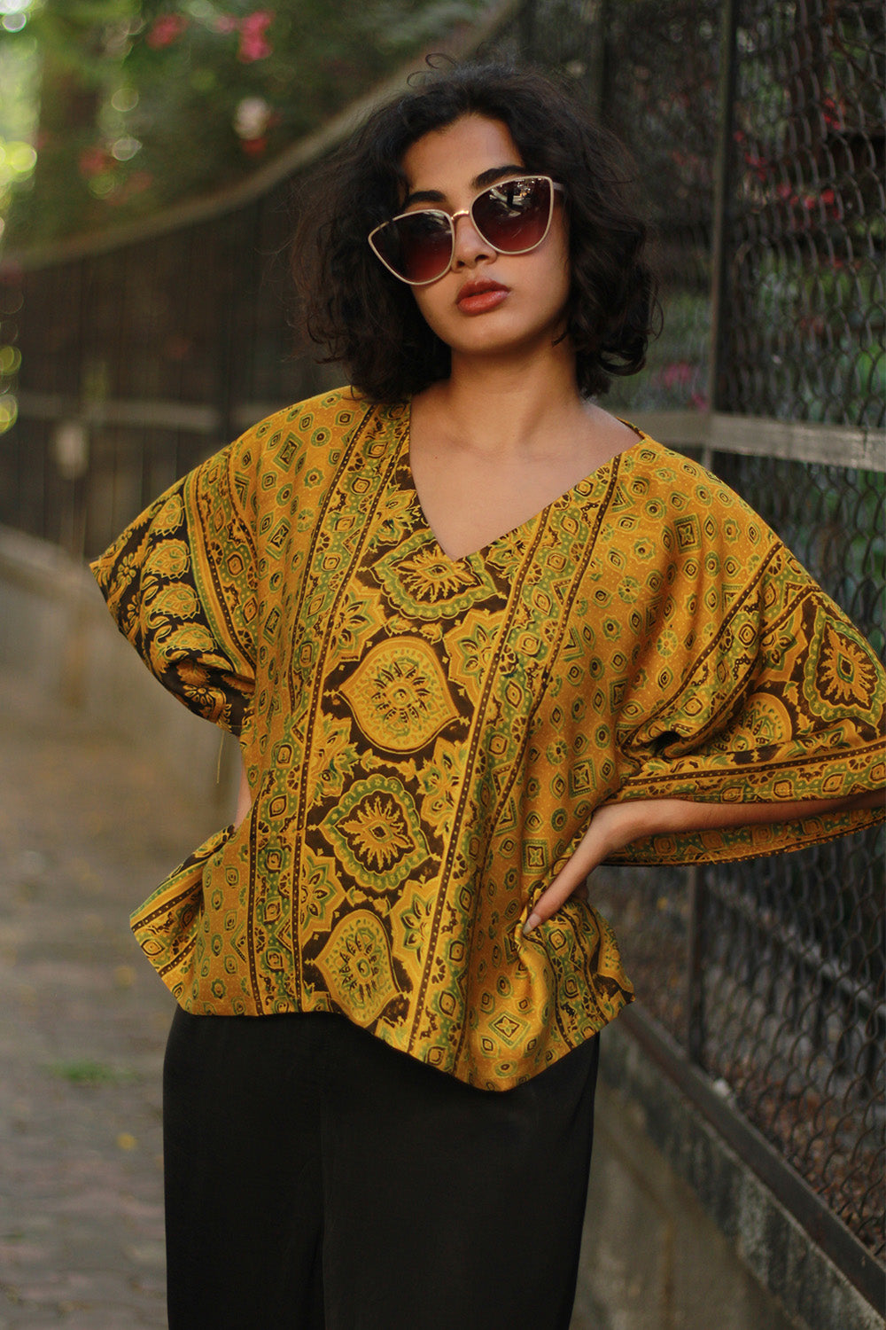 Taarini Mini | Modal Silk Kaftan Top | Mustard Floral Ajrakh