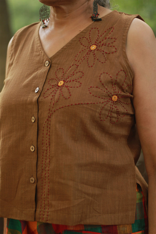 Front Buttoned Vest | Embroidered Cotton | Mustard