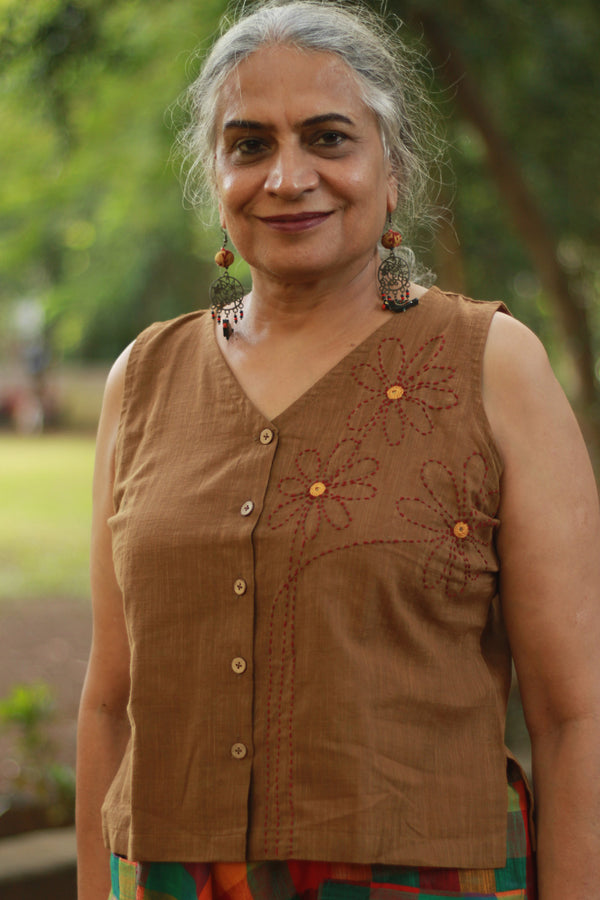 Front Buttoned Vest | Embroidered Cotton | Mustard