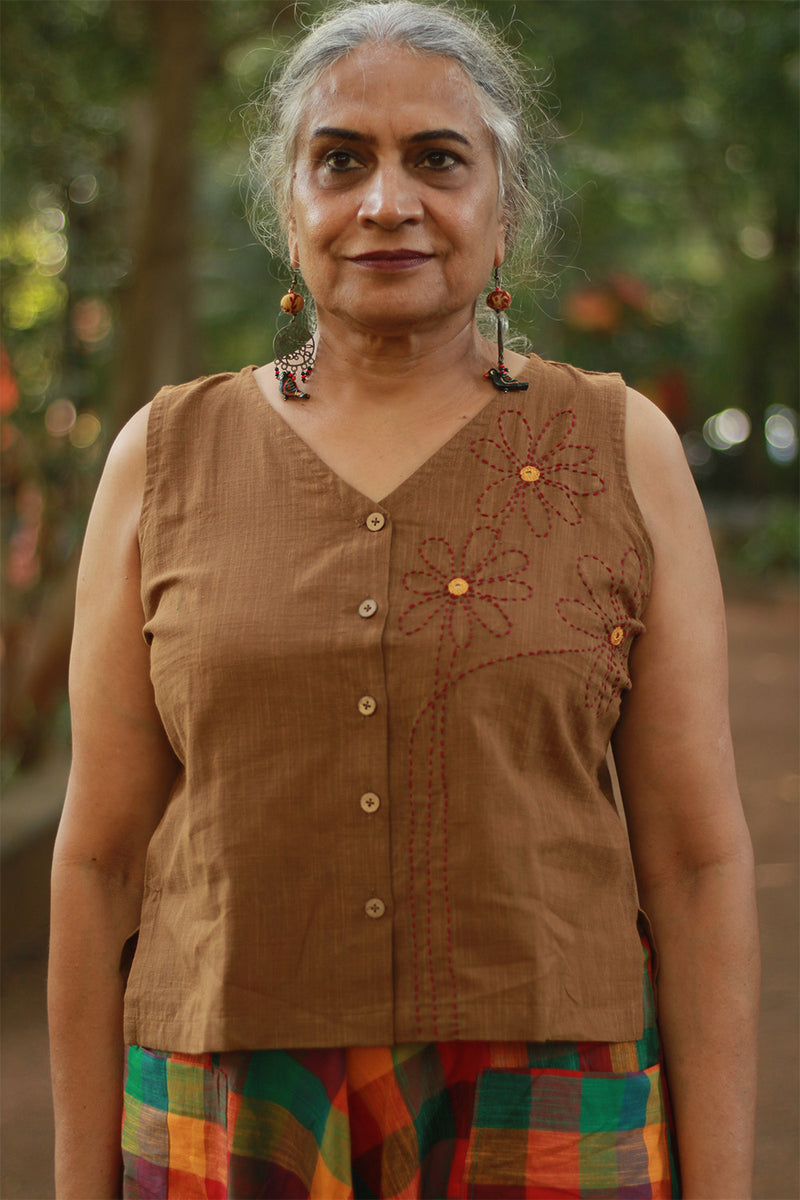 Front Buttoned Vest | Embroidered Cotton | Mustard