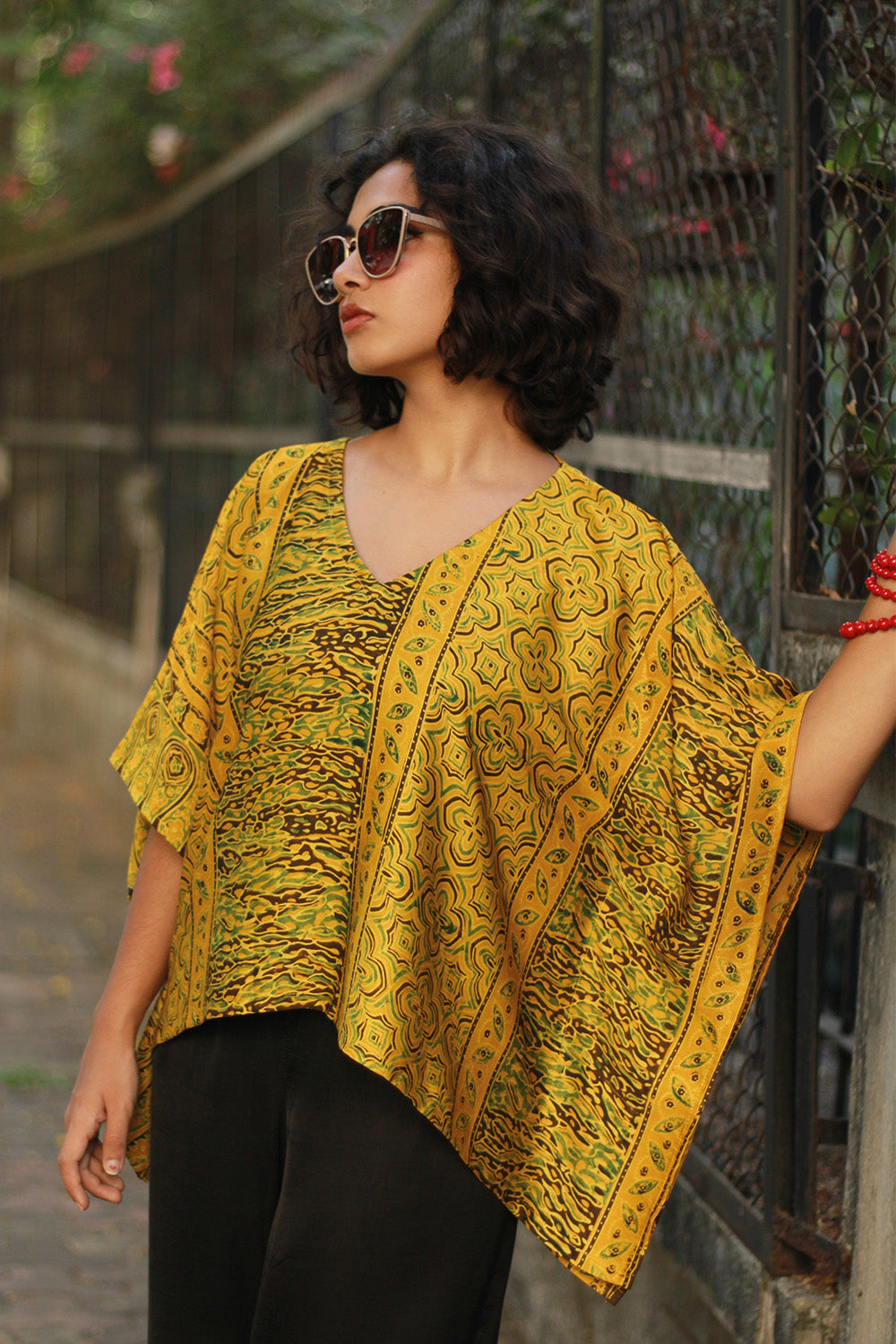 Taarini Mini | Modal Silk Kaftan Top | Mustard Ajrakh
