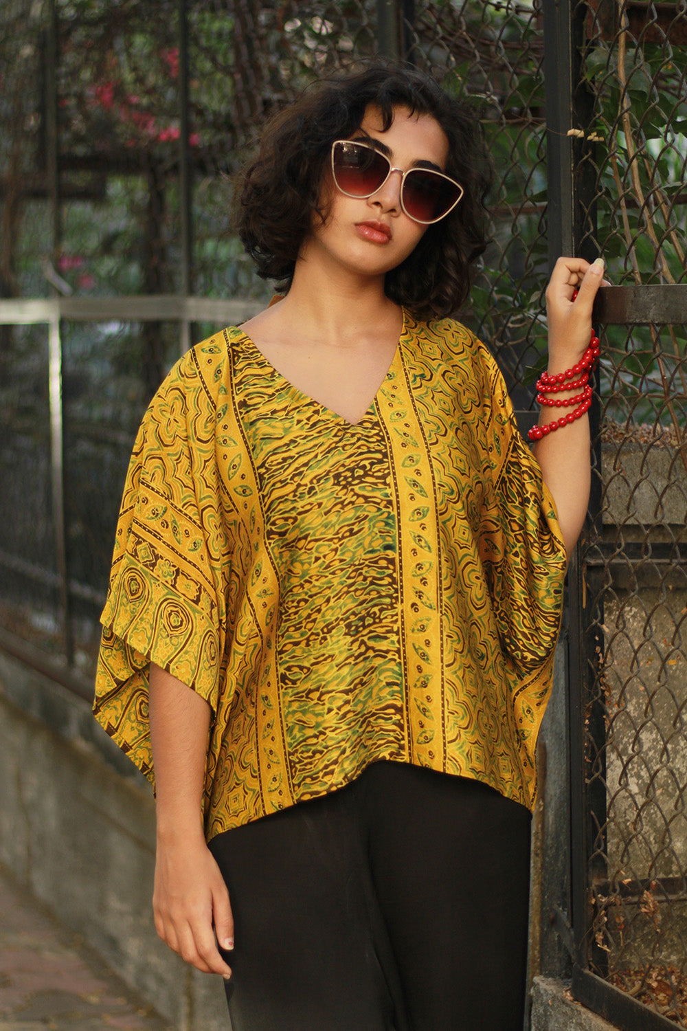 Taarini Mini | Modal Silk Kaftan Top | Mustard Ajrakh