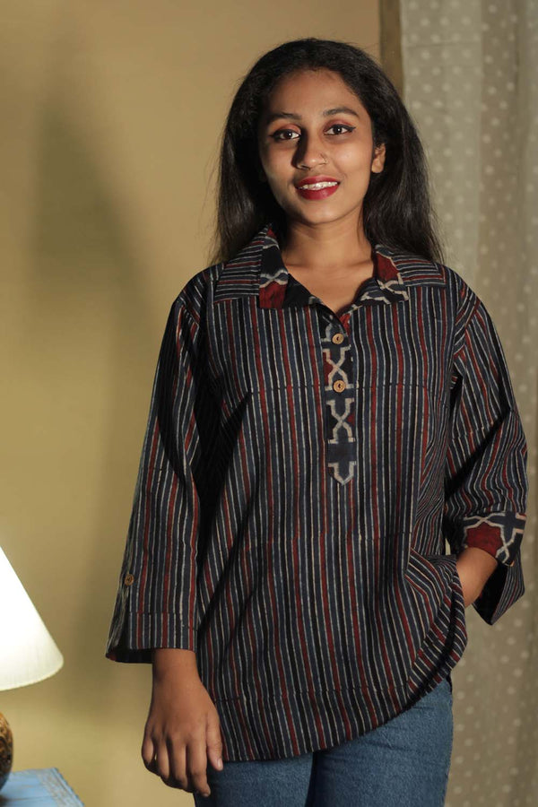 Madhura | Tunic | Ajrakh Red Shatkon Stripes