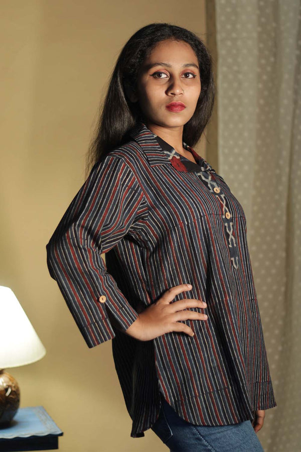 Madhura | Tunic | Ajrakh Red Shatkon Stripes