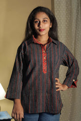 Madhura | Tunic | Ajrakh Red Indigo Stripes