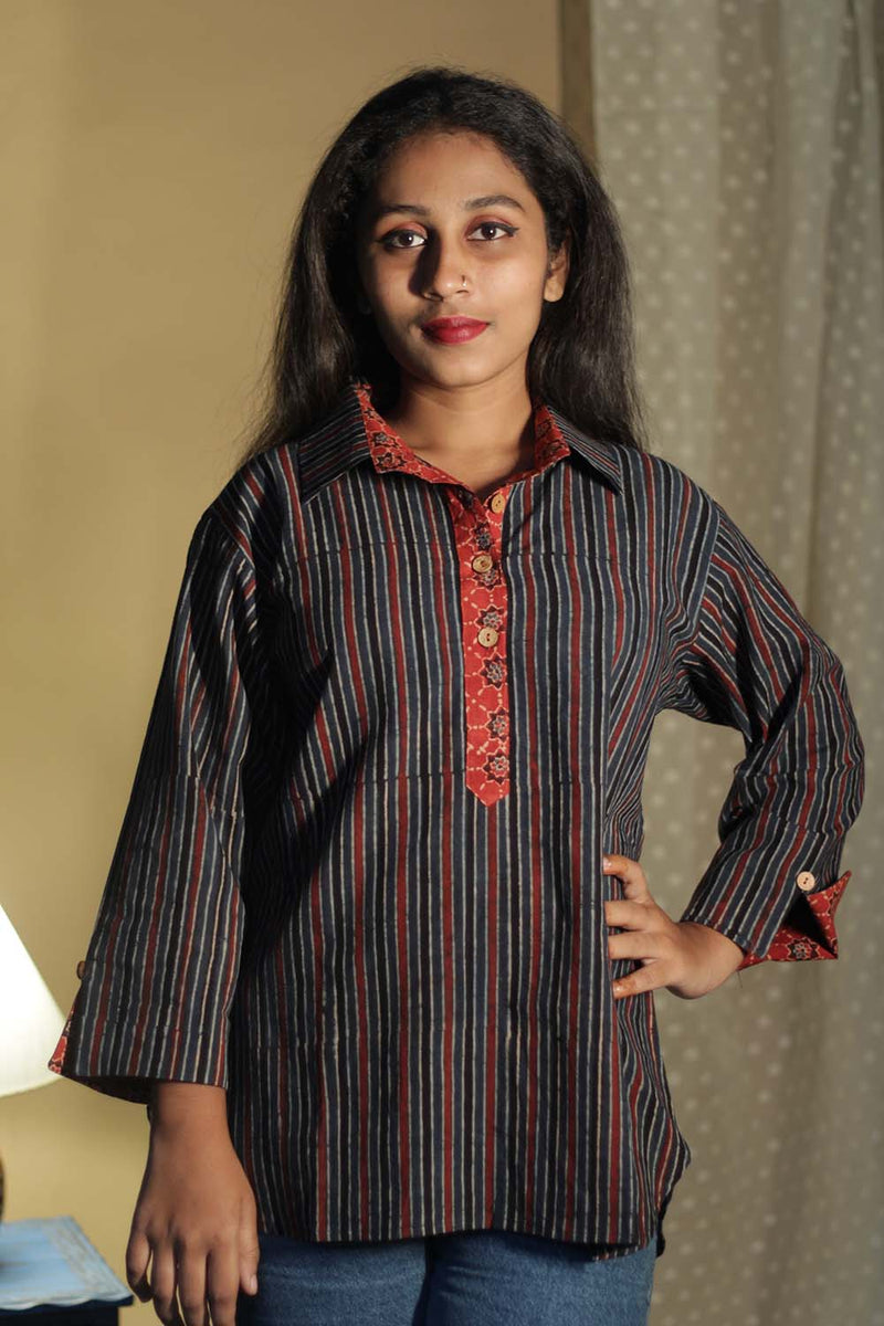 Madhura | Tunic | Ajrakh Red Indigo Stripes
