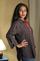 Madhura | Tunic | Ajrakh Red Indigo Stripes