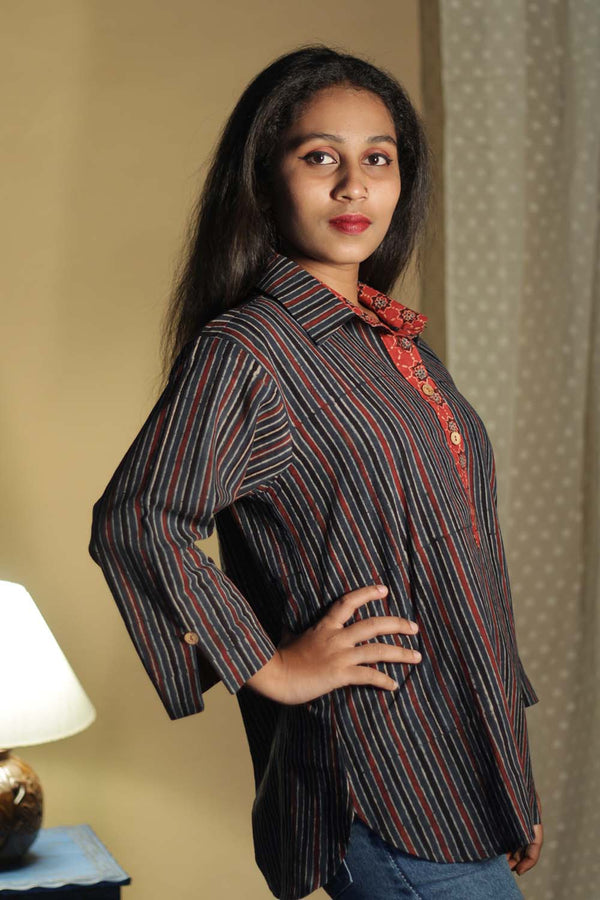Madhura | Tunic | Ajrakh Red Indigo Stripes