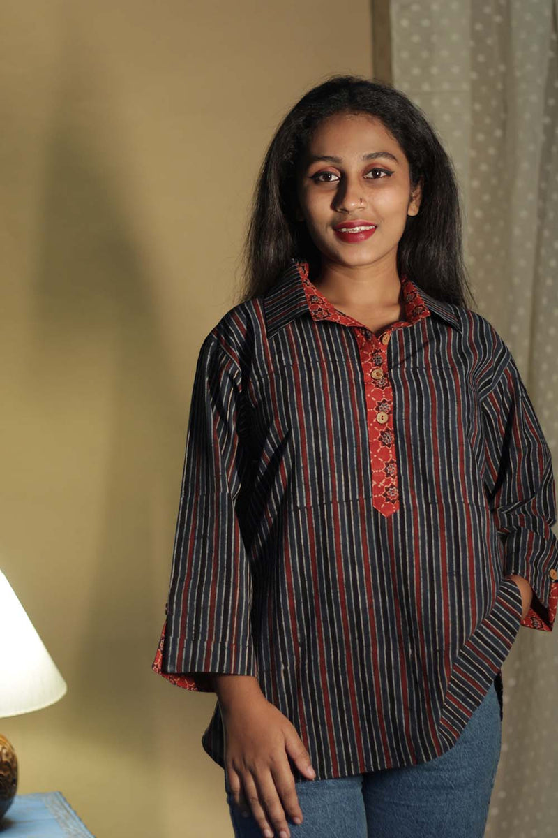 Madhura | Tunic | Ajrakh Red Indigo Stripes