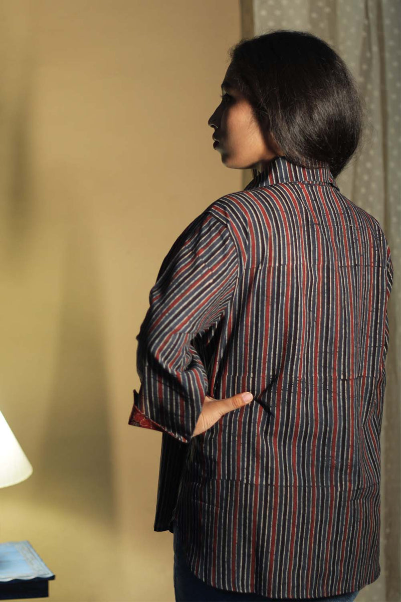 Madhura | Tunic | Ajrakh Red Indigo Stripes