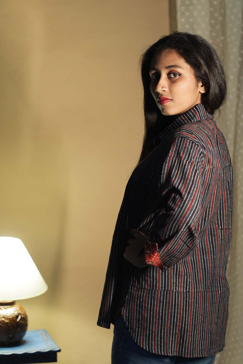 Madhura | Tunic | Ajrakh Red Indigo Stripes