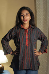 Madhura | Tunic | Ajrakh Red Indigo Stripes