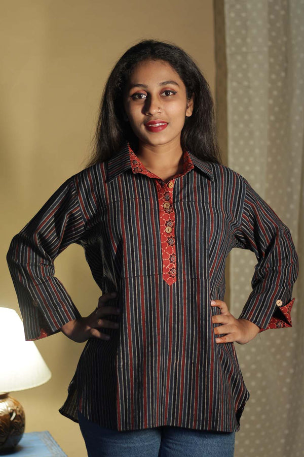 Madhura | Tunic | Ajrakh Red Indigo Stripes