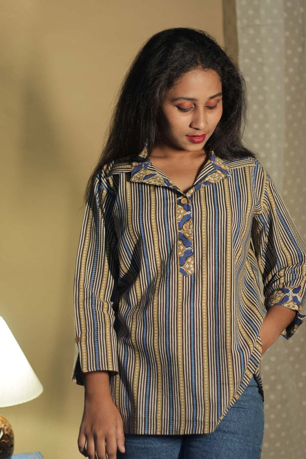 Madhura | Tunic | Bagru Blue Stripes