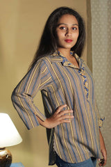 Madhura | Tunic | Bagru Blue Stripes