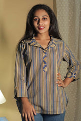 Madhura | Tunic | Bagru Blue Stripes