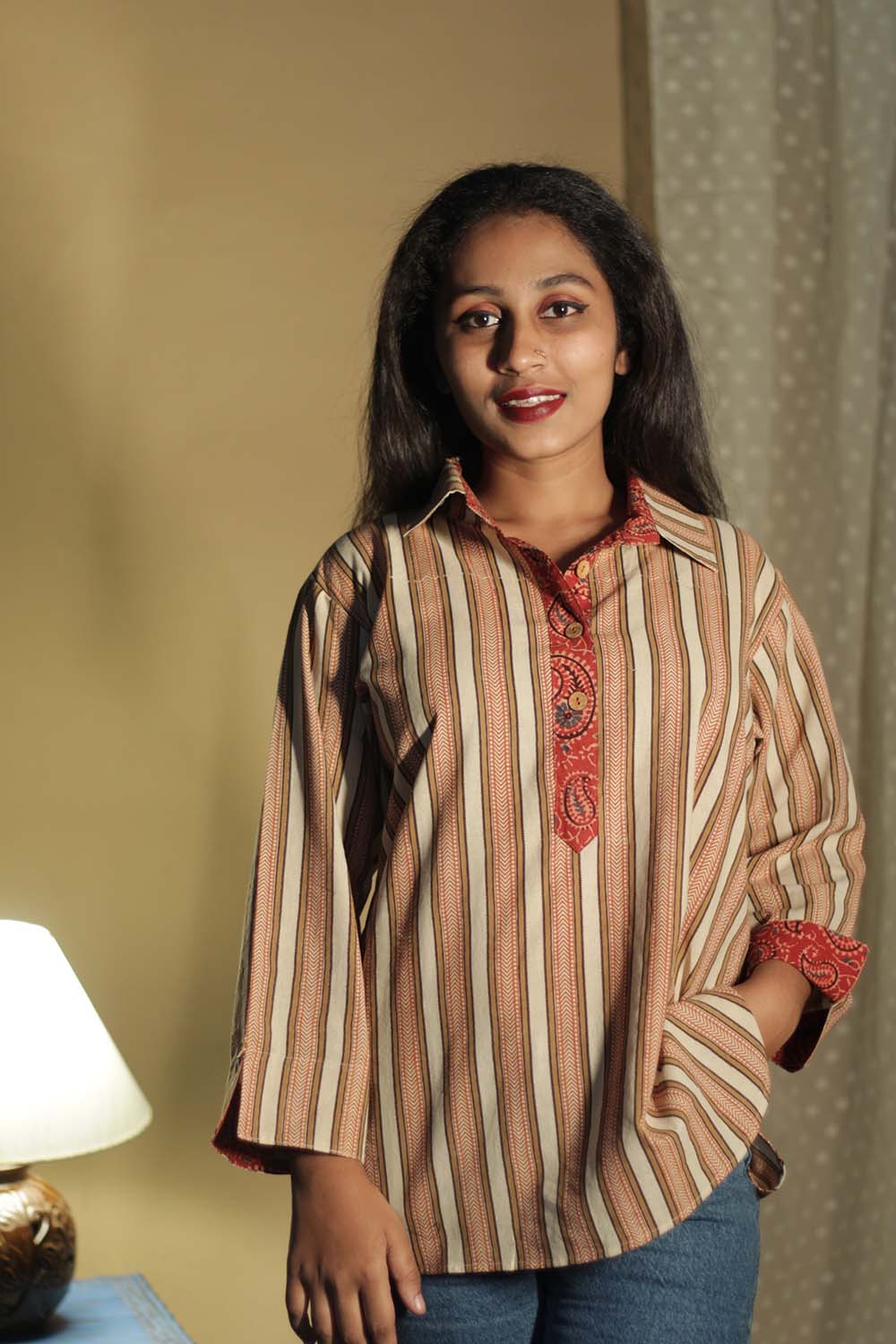Madhura | Tunic | Bagru Beige Stripes