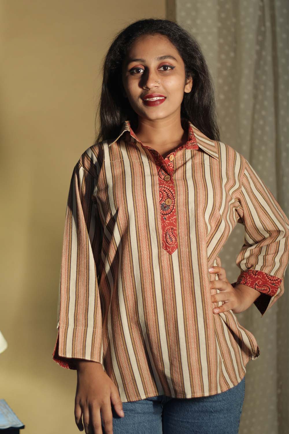 Madhura | Tunic | Bagru Beige Stripes