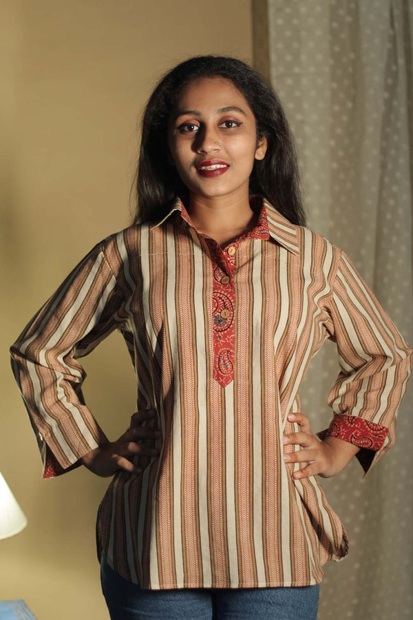 Madhura | Tunic | Bagru Beige Stripes