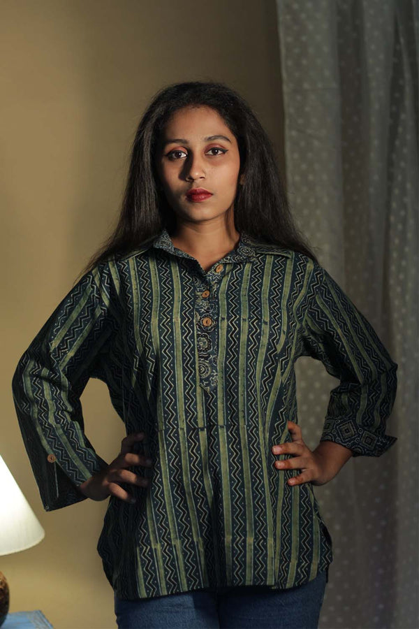 Madhura | Tunic | Ajrakh Green Chevron Zigzag