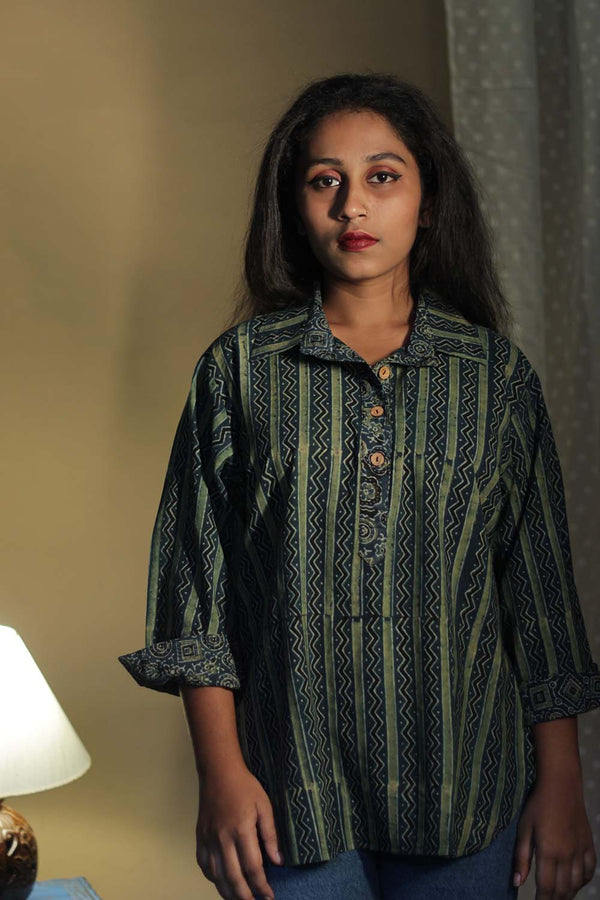 Madhura | Tunic | Ajrakh Green Chevron Zigzag