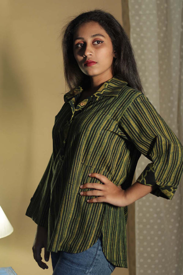 Madhura | Tunic | Ajrakh Green Stripes