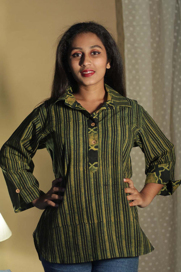 Madhura | Tunic | Ajrakh Green Stripes