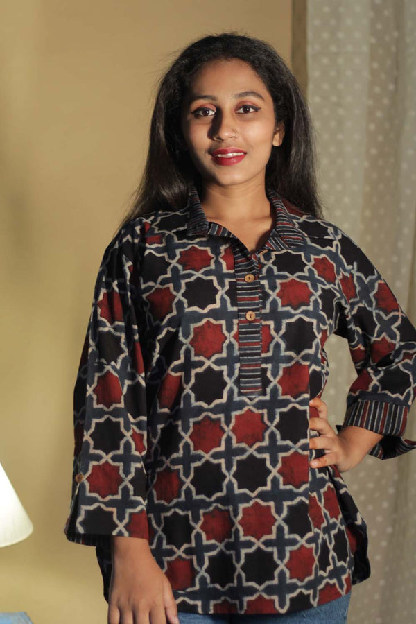 Madhura | Tunic | Ajrakh Indigo Shatkon Stripes