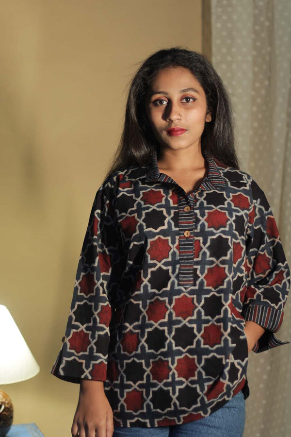 Madhura | Tunic | Ajrakh Indigo Shatkon Stripes