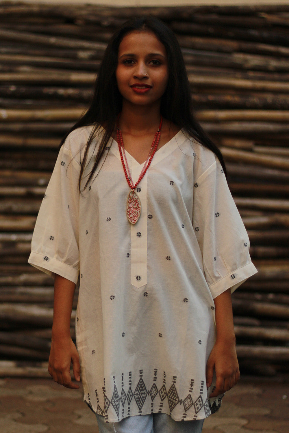 Madhura | Tunic | White and Slate Jamdani