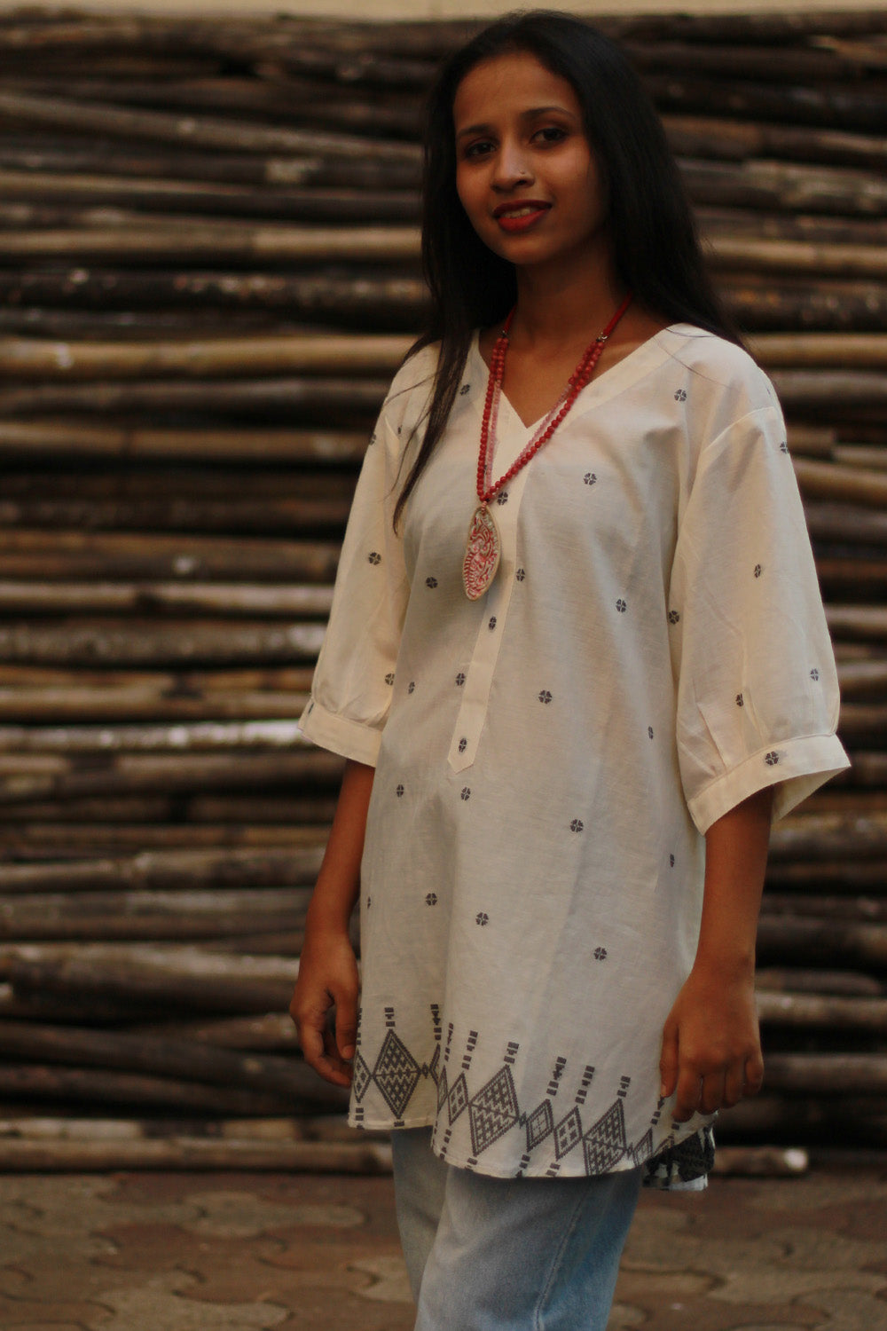 Madhura | Tunic | White and Slate Jamdani