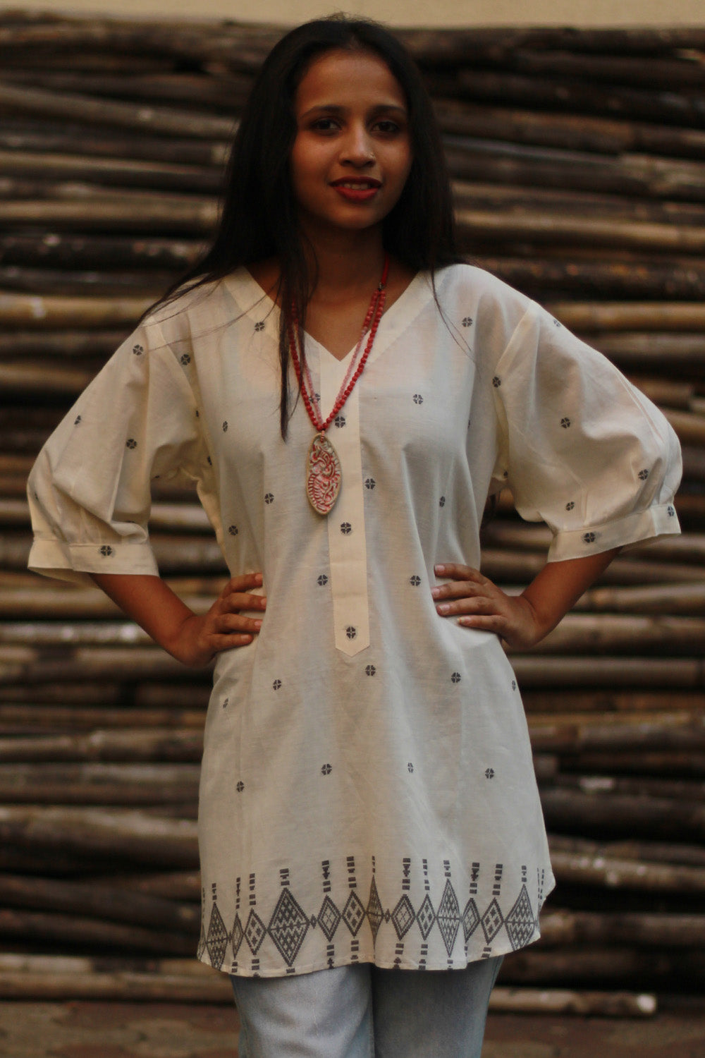 Madhura | Tunic | White and Slate Jamdani