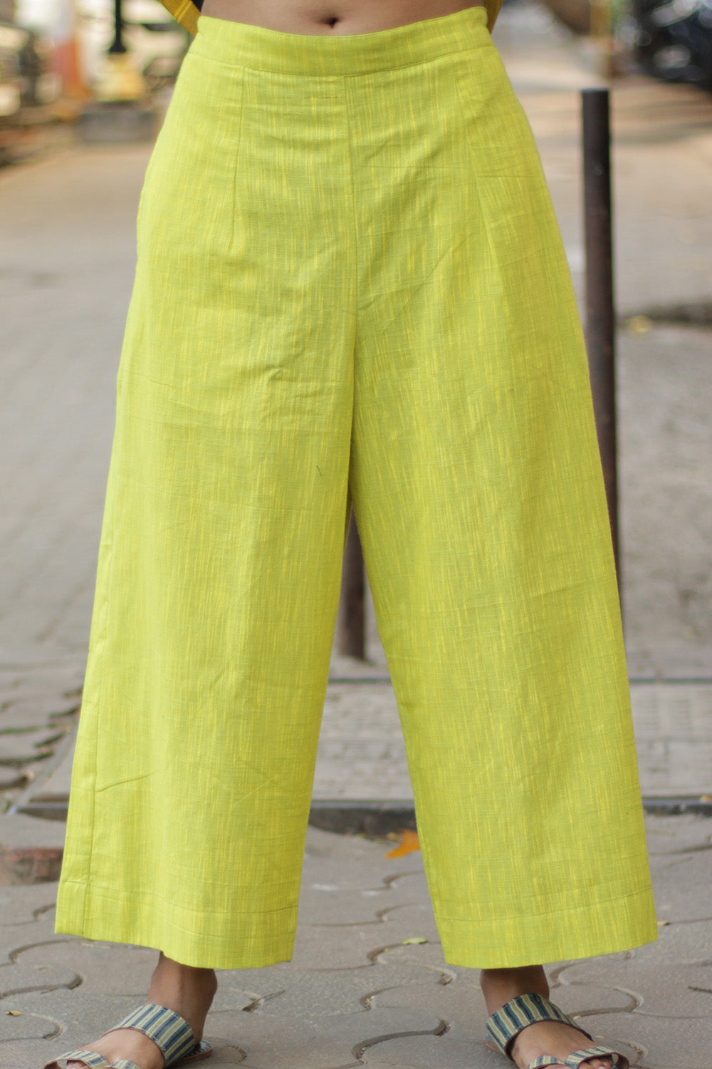 Saumya | Wide Leg Pants | Lime Yellow Cotton