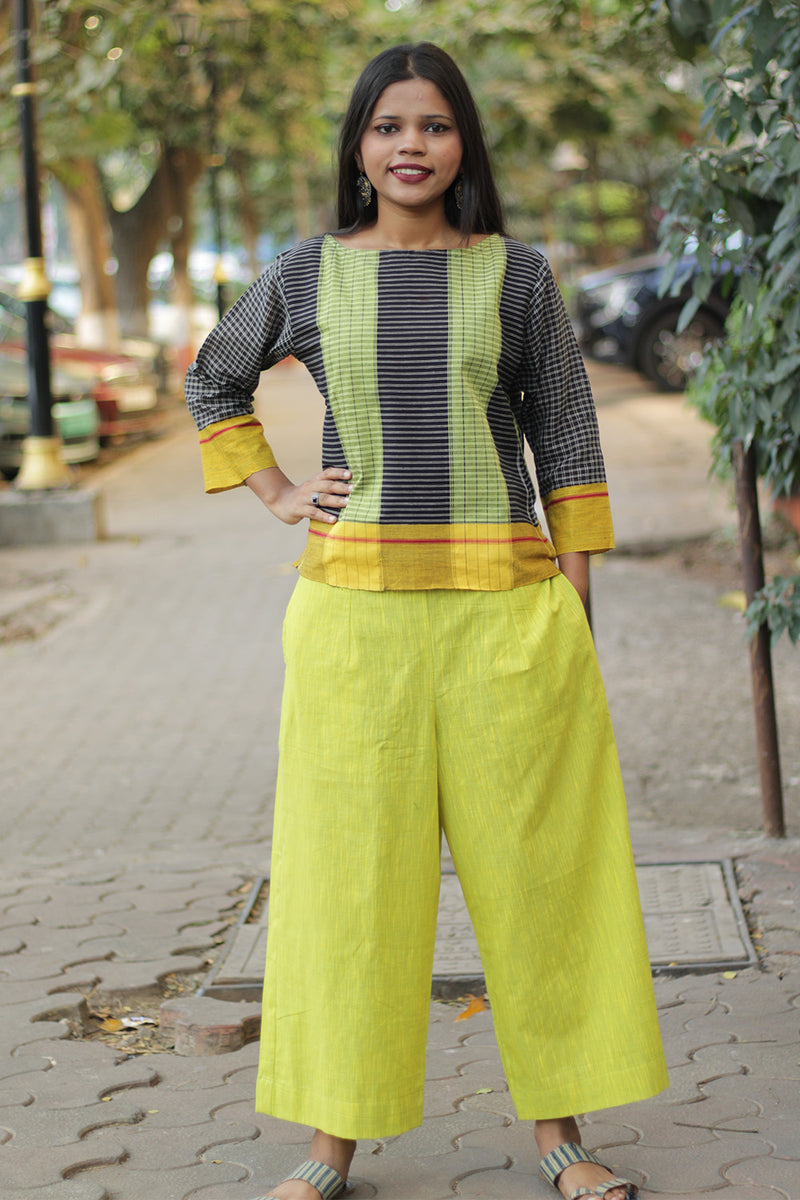 Saumya | Wide Leg Pants | Lime Yellow Cotton